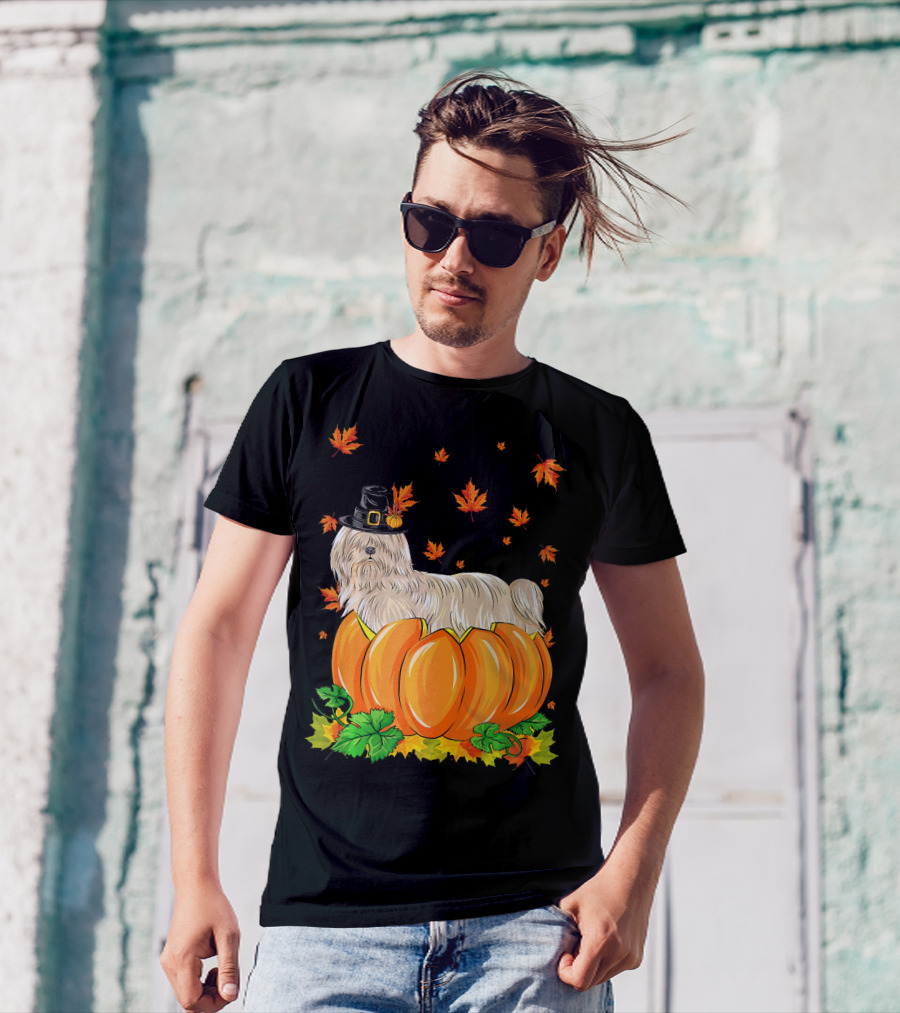 Thanksgiving Lhasa Apso Dog In Pilgrim Hat With Pumpkins And Autumn Leaves T-Shirt