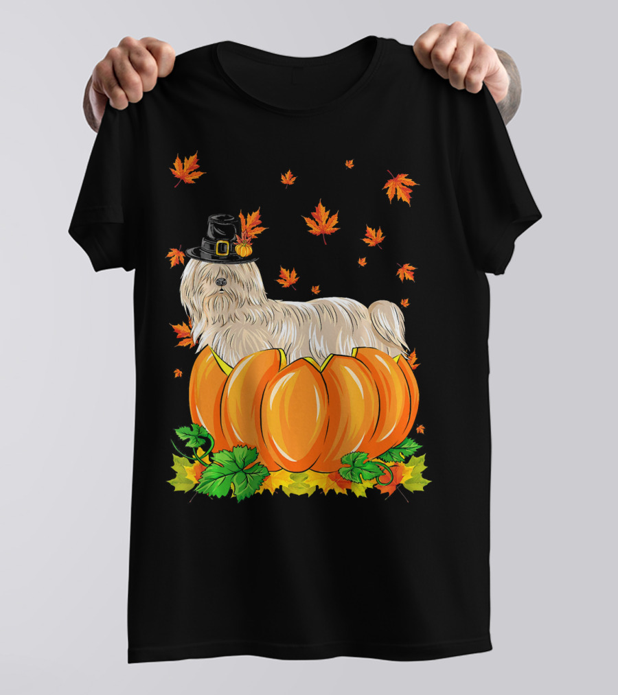 Thanksgiving Lhasa Apso Dog In Pilgrim Hat With Pumpkins And Autumn Leaves T-Shirt