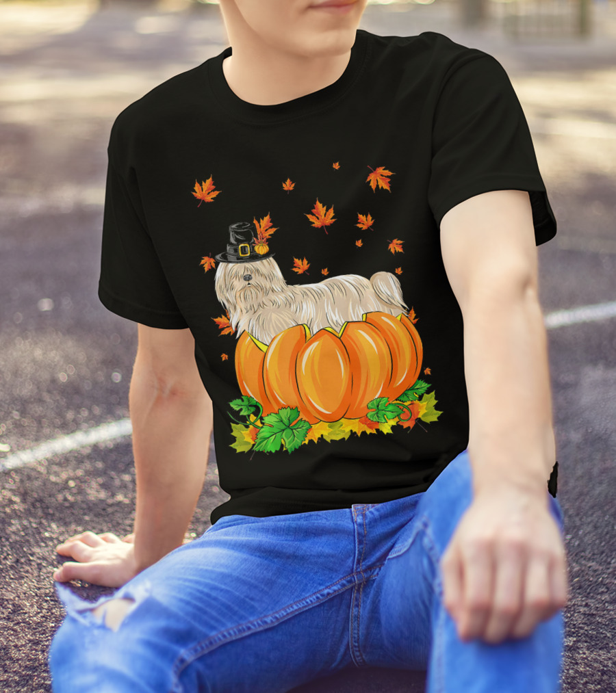 Thanksgiving Lhasa Apso Dog In Pilgrim Hat With Pumpkins And Autumn Leaves T-Shirt