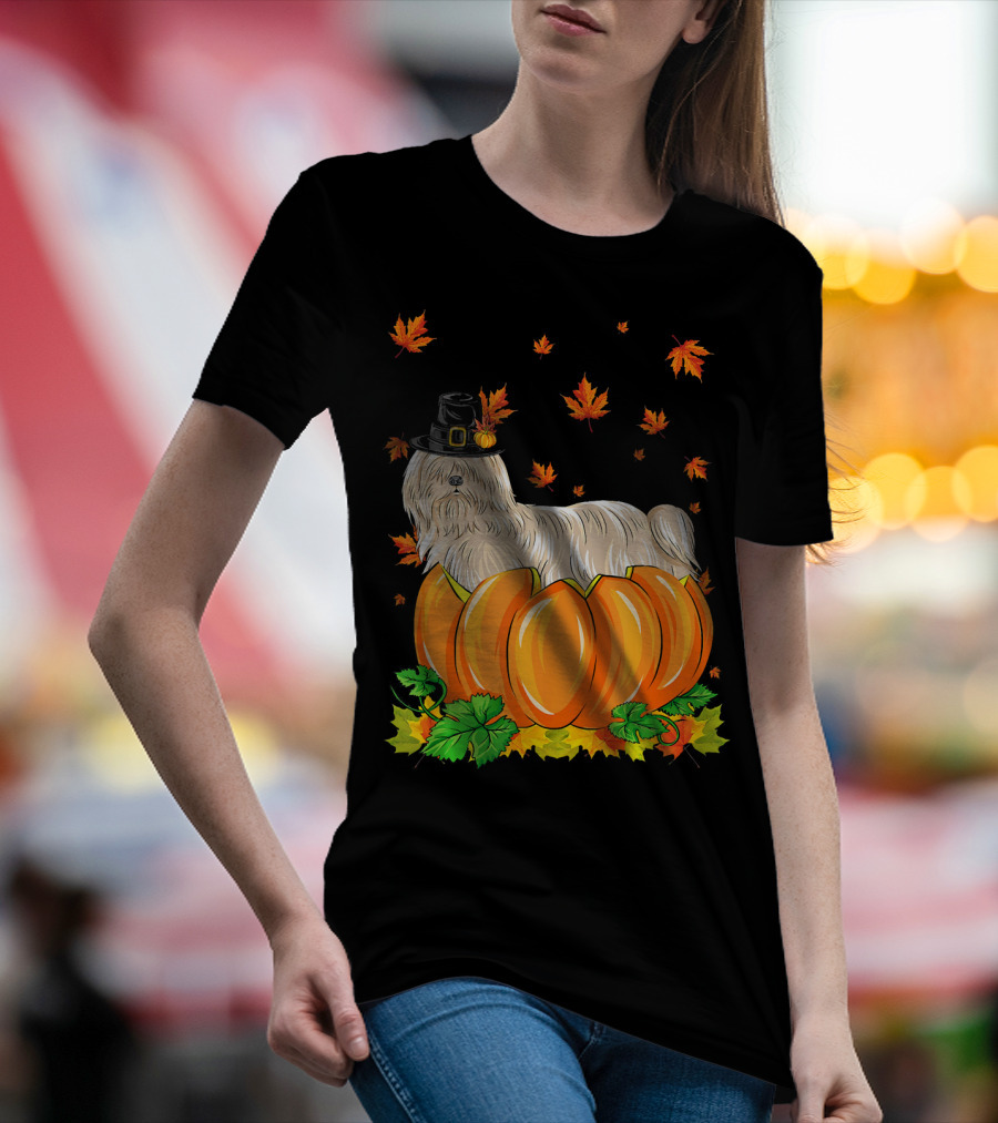 Thanksgiving Lhasa Apso Dog In Pilgrim Hat With Pumpkins And Autumn Leaves T-Shirt