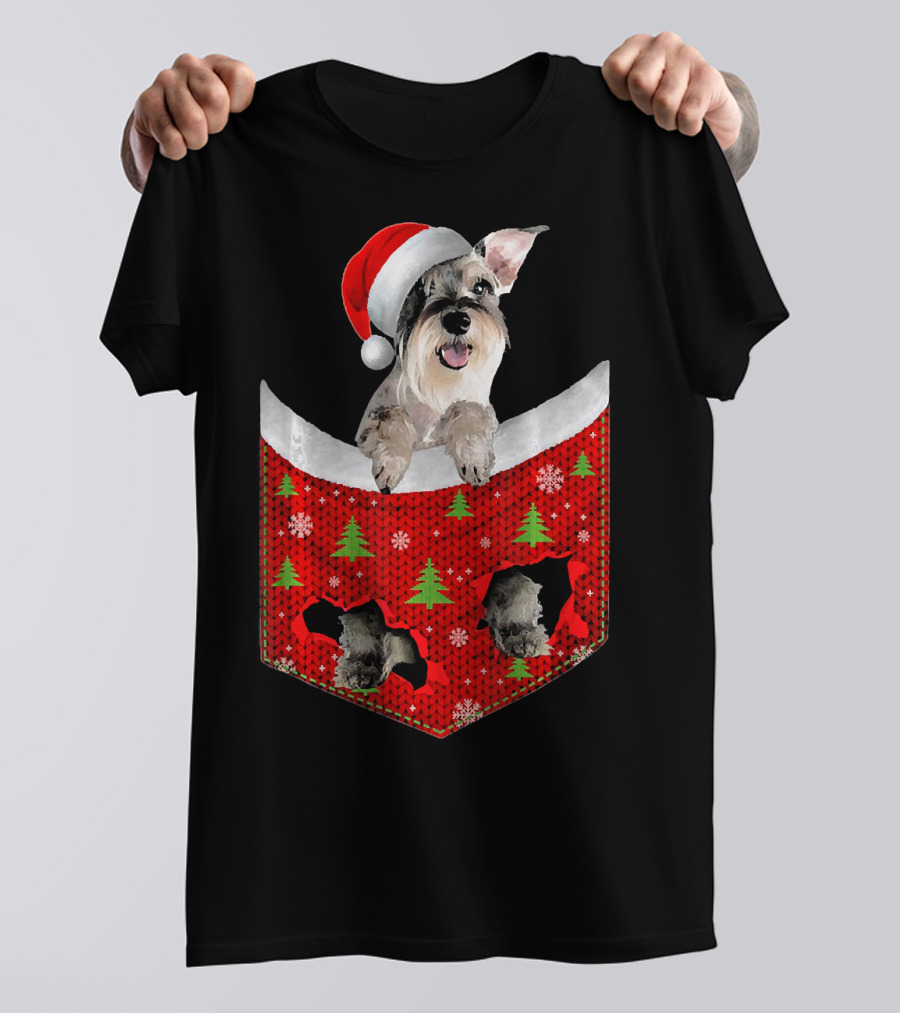 Schnauzer Dog In Santa Hat Christmas Pocket With Trees And Snowflakes T-Shirt
