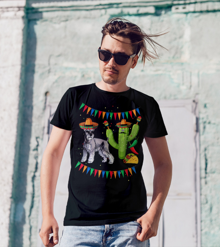 Sombrero Miniature Schnauzer Dog And Cactus With Tacos And Maracas Mexico Fiesta Flags T-Shirt