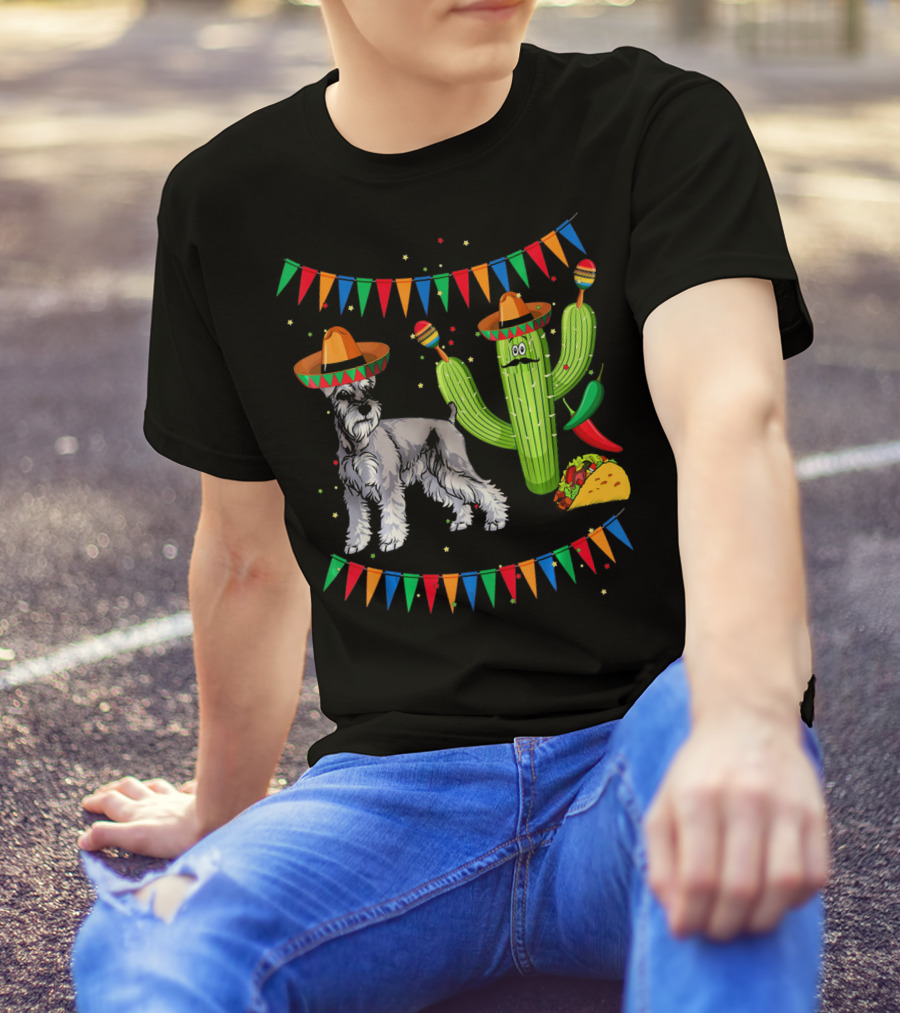 Sombrero Miniature Schnauzer Dog And Cactus With Tacos And Maracas Mexico Fiesta Flags T-Shirt