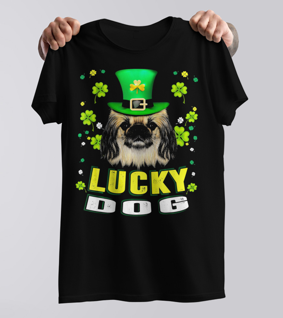 St Patricks Day Pekingese Lucky Dog With Shamrocks And Green Hat T-Shirt