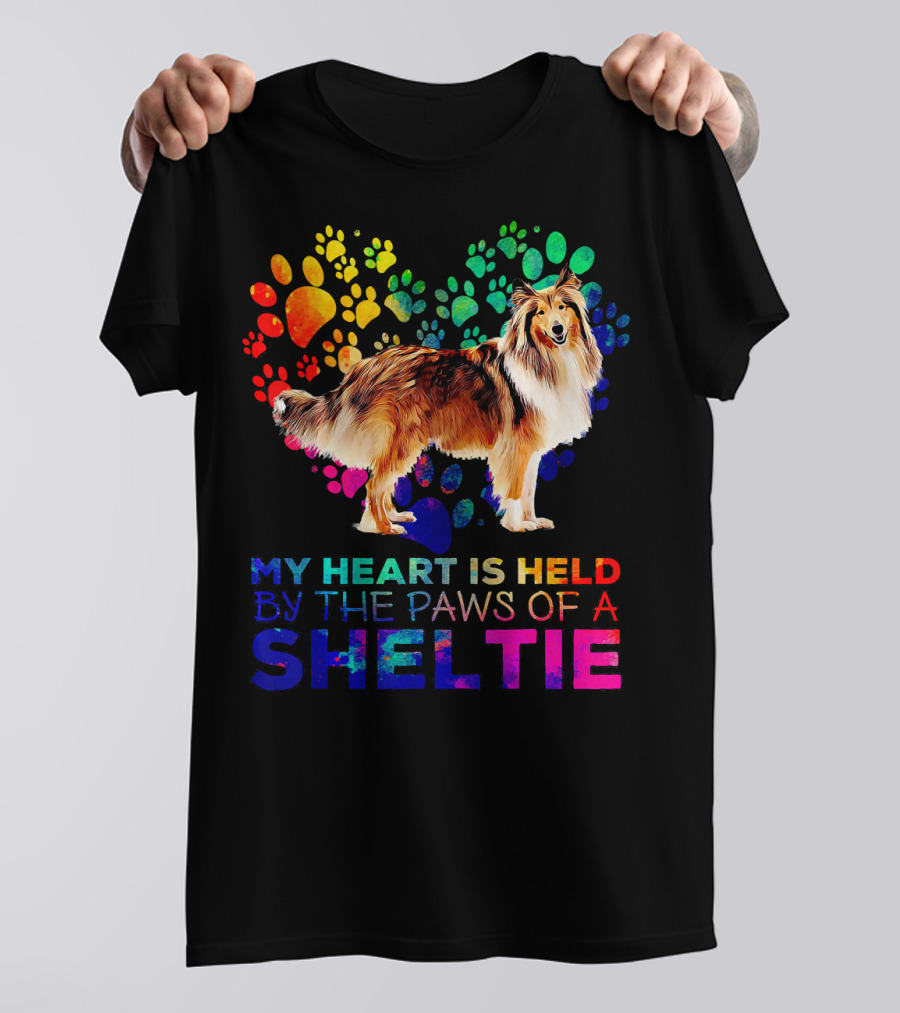 My Heart Is Held By The Paws Of A Sheltie Colorful Paw Prints T-Shirt