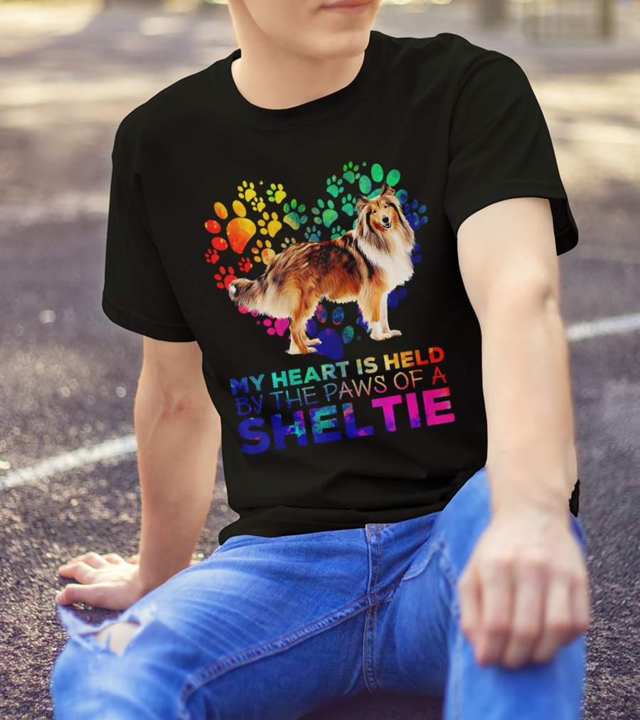 My Heart Is Held By The Paws Of A Sheltie Colorful Paw Prints T-Shirt