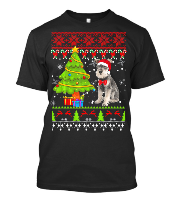 Schnauzer Ugly Christmas Sweater With Santa Hat And Festive Holiday Tree T-Shirt