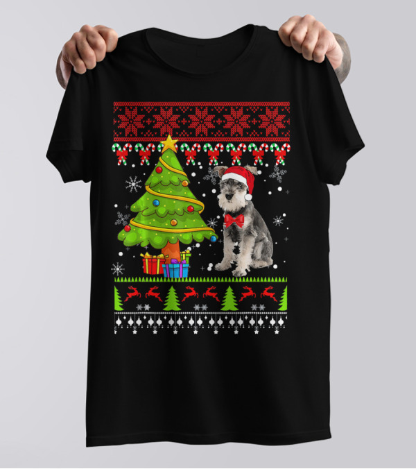 Schnauzer Ugly Christmas Sweater With Santa Hat And Festive Holiday Tree T-Shirt
