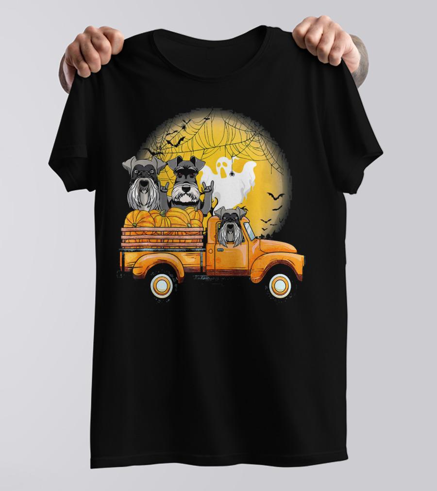 Orange Pick Up Truck With Schnauzer Dogs Pumpkins And Ghost T-Shirt