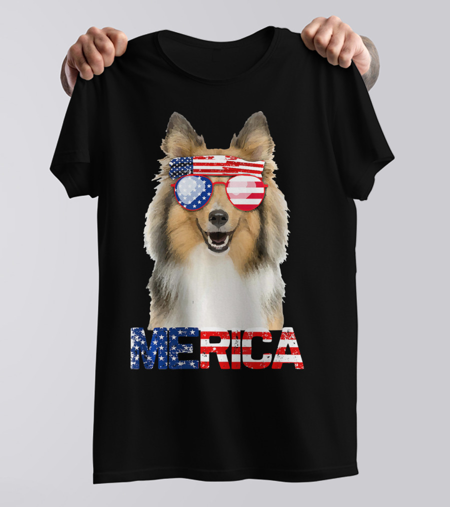 MERICA Sheltie Dog American Flag Sunglasses T-Shirt