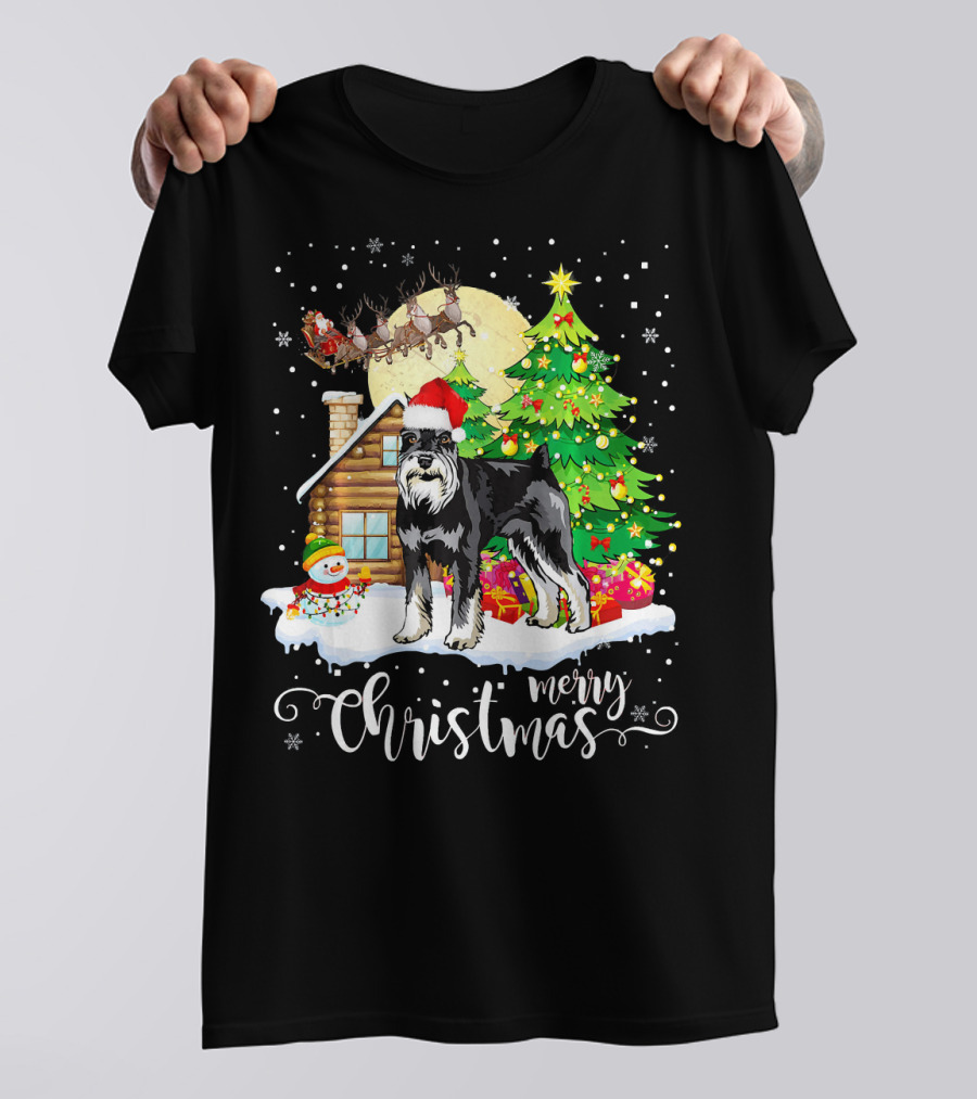 Miniature Schnauzer Merry Christmas Santa Sleigh Snowman Cabin Holiday Scene T-Shirt