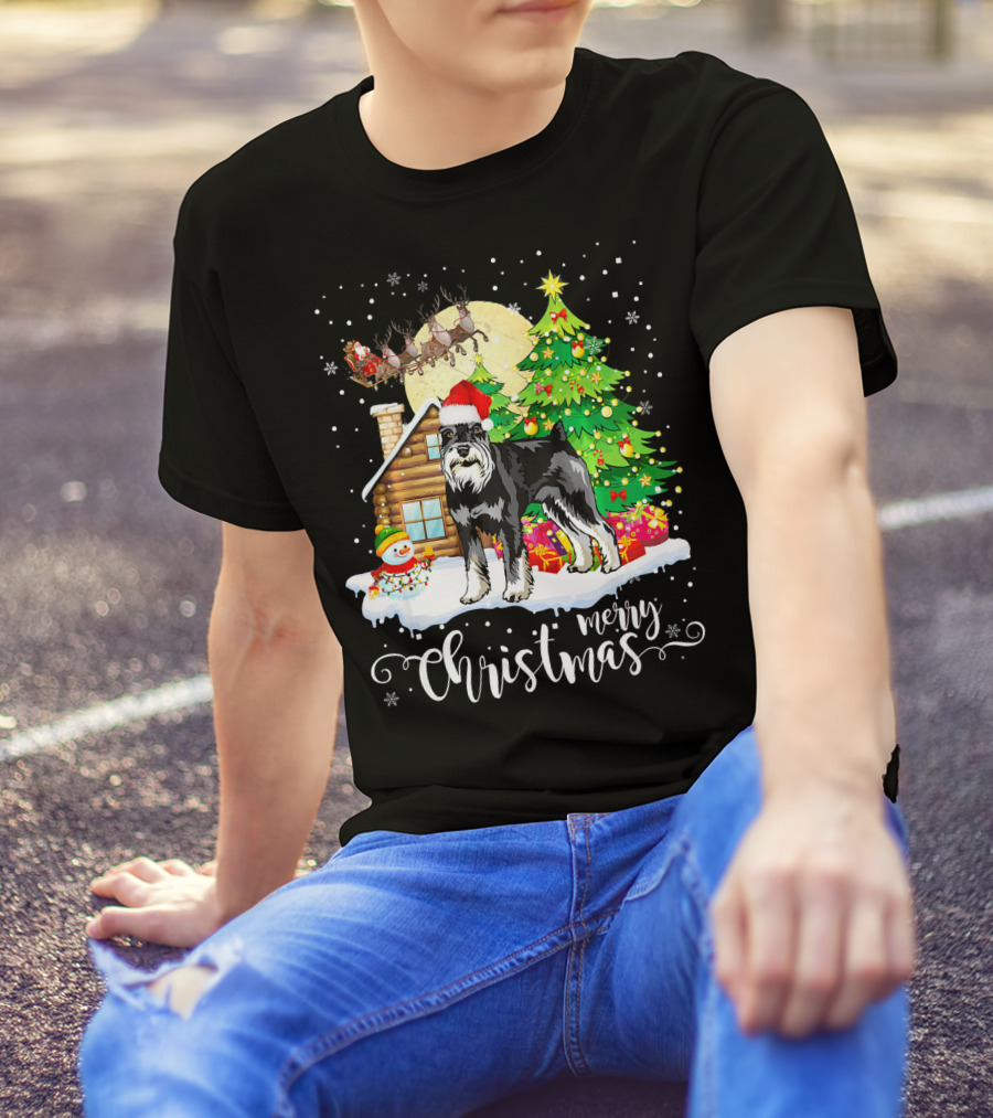 Miniature Schnauzer Merry Christmas Santa Sleigh Snowman Cabin Holiday Scene T-Shirt