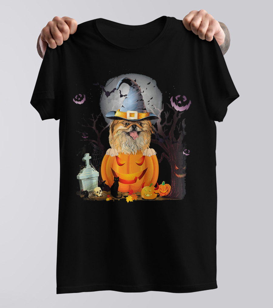 Pekingese Dog Witch Hat Halloween Pumpkin Bat Moon Cat Graveyard T-Shirt