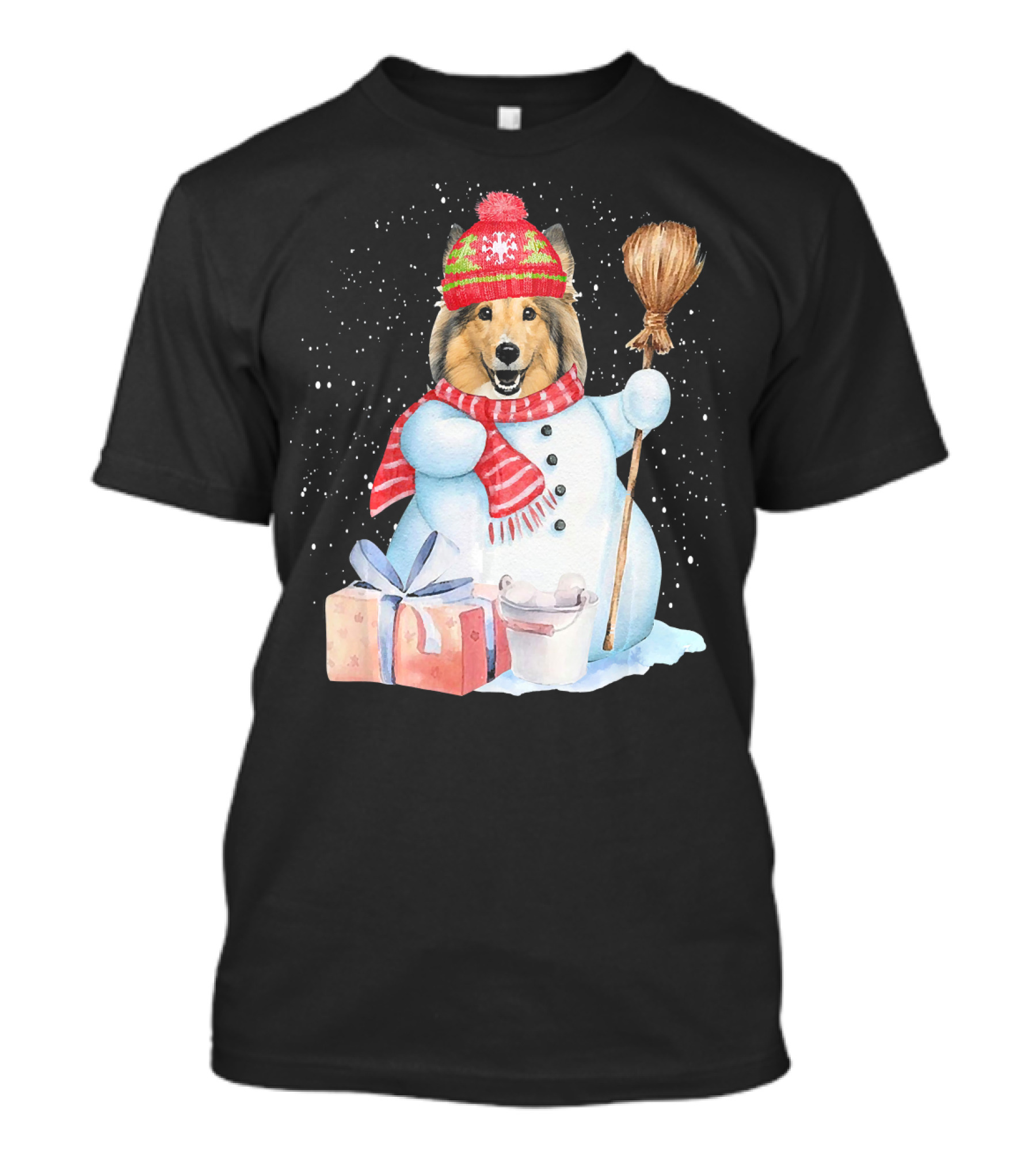 Sheltie Dog Snowman With Christmas Hat And Presents In Snowy Night T-Shirt