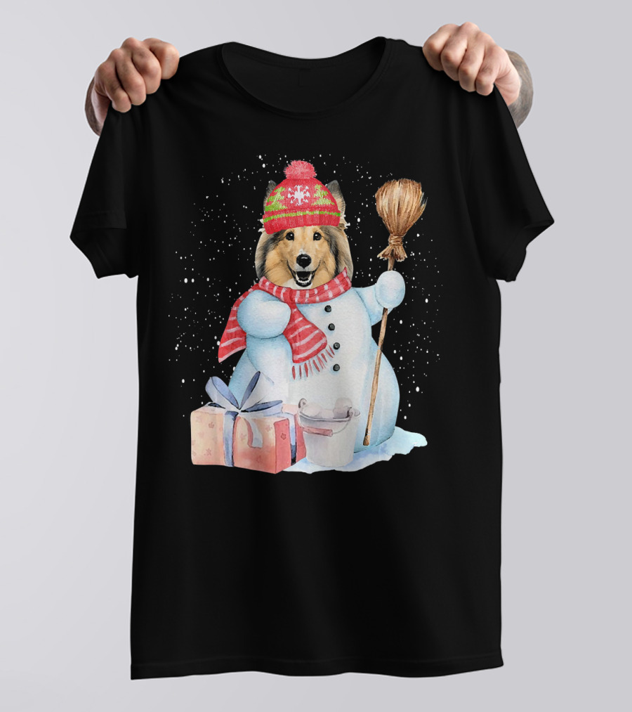 Sheltie Dog Snowman With Christmas Hat And Presents In Snowy Night T-Shirt