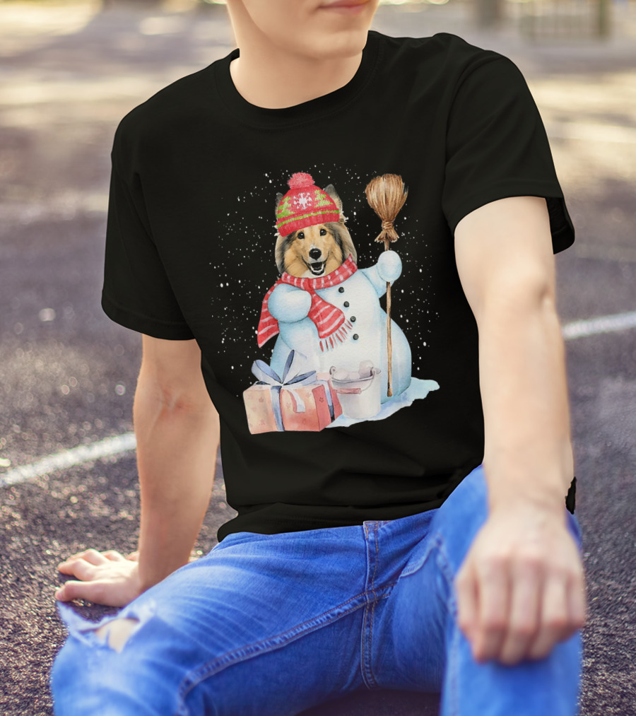 Sheltie Dog Snowman With Christmas Hat And Presents In Snowy Night T-Shirt