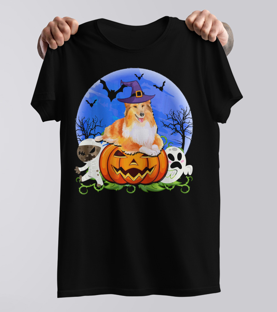 Sheltie Halloween Pumpkin Ghosts Mummy Witch Hat Bats Moon T-Shirt