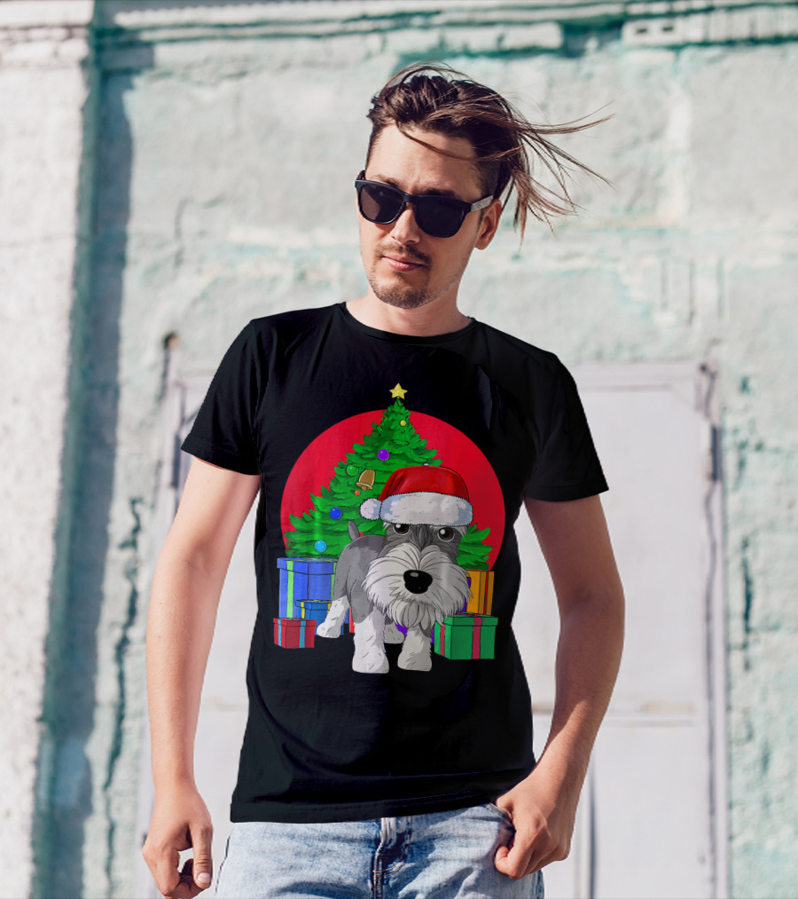 Merry Christmas Schnauzer Santa Hat Christmas Tree Presents T-Shirt