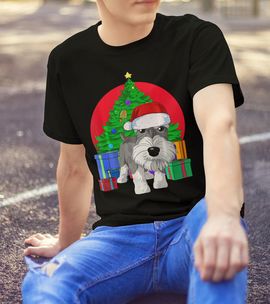 Merry Christmas Schnauzer Santa Hat Christmas Tree Presents T-Shirt