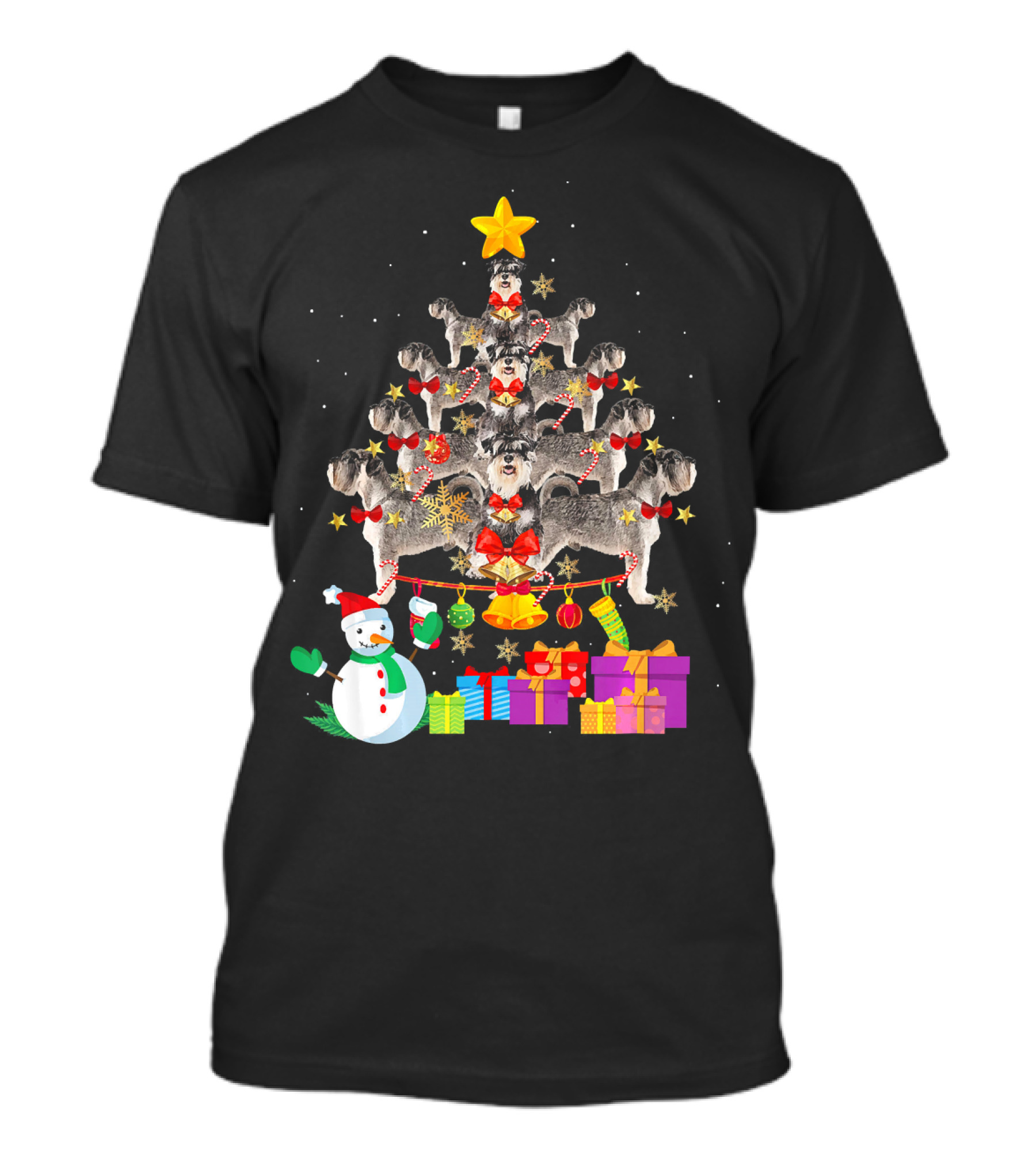 Miniature Schnauzer Christmas Tree With Snowman And Gifts T-Shirt