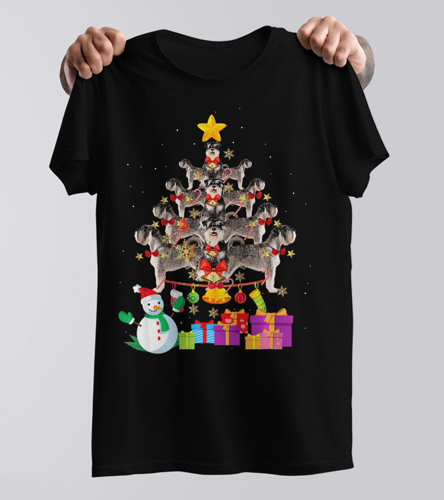 Miniature Schnauzer Christmas Tree With Snowman And Gifts T-Shirt
