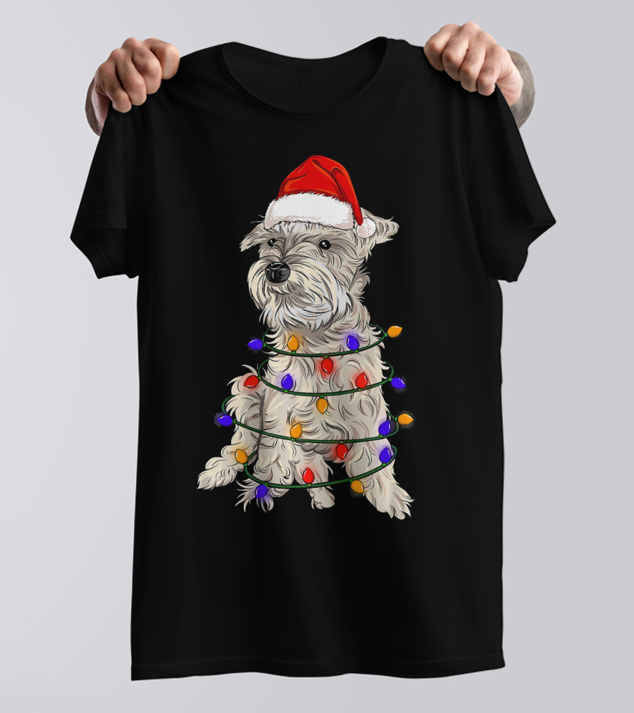 Schnauzer Santa Hat Christmas Lights Wrapping T-Shirt
