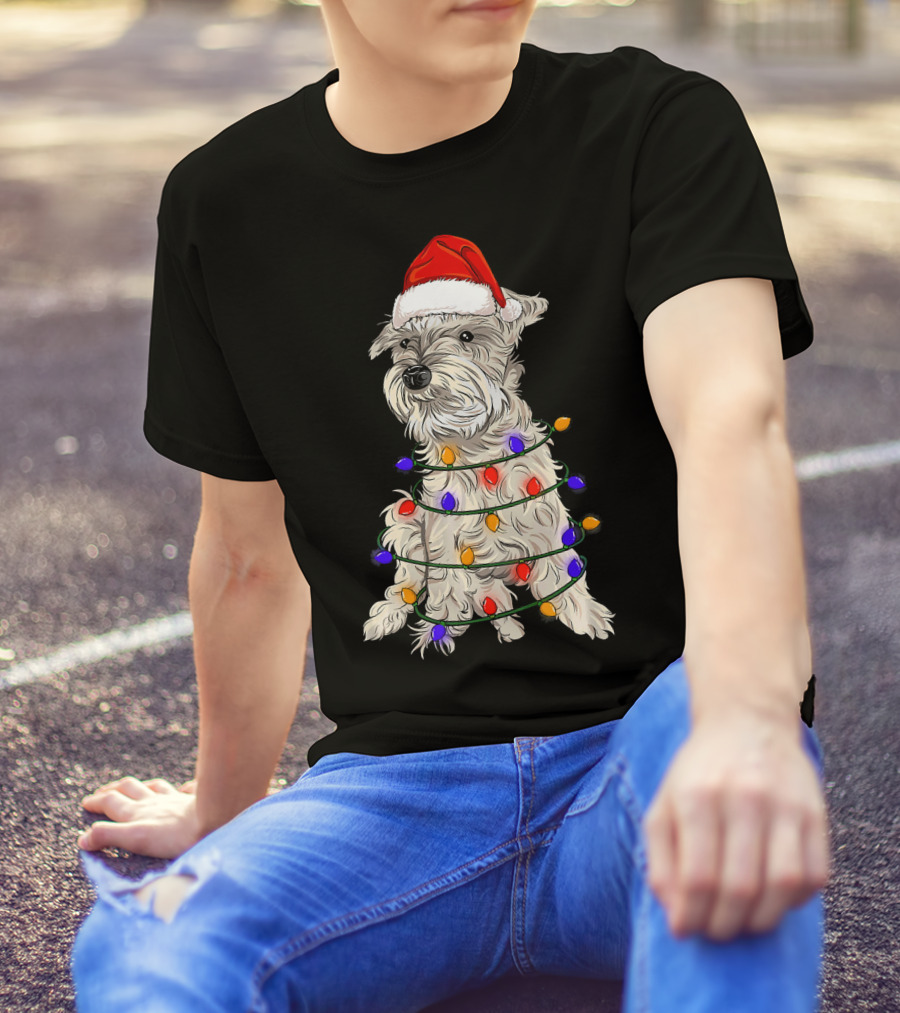Schnauzer Santa Hat Christmas Lights Wrapping T-Shirt