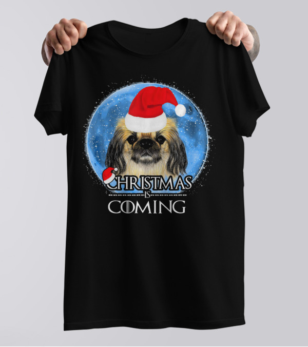 Christmas Is Coming Pekingese Dog Santa Hat T-Shirt