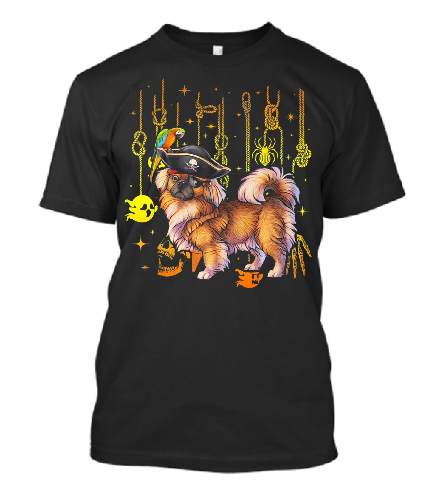 Pekingese Pirate Halloween Dog Lovers Co Ghost Parrot Skulls Spider Ropes T-Shirt