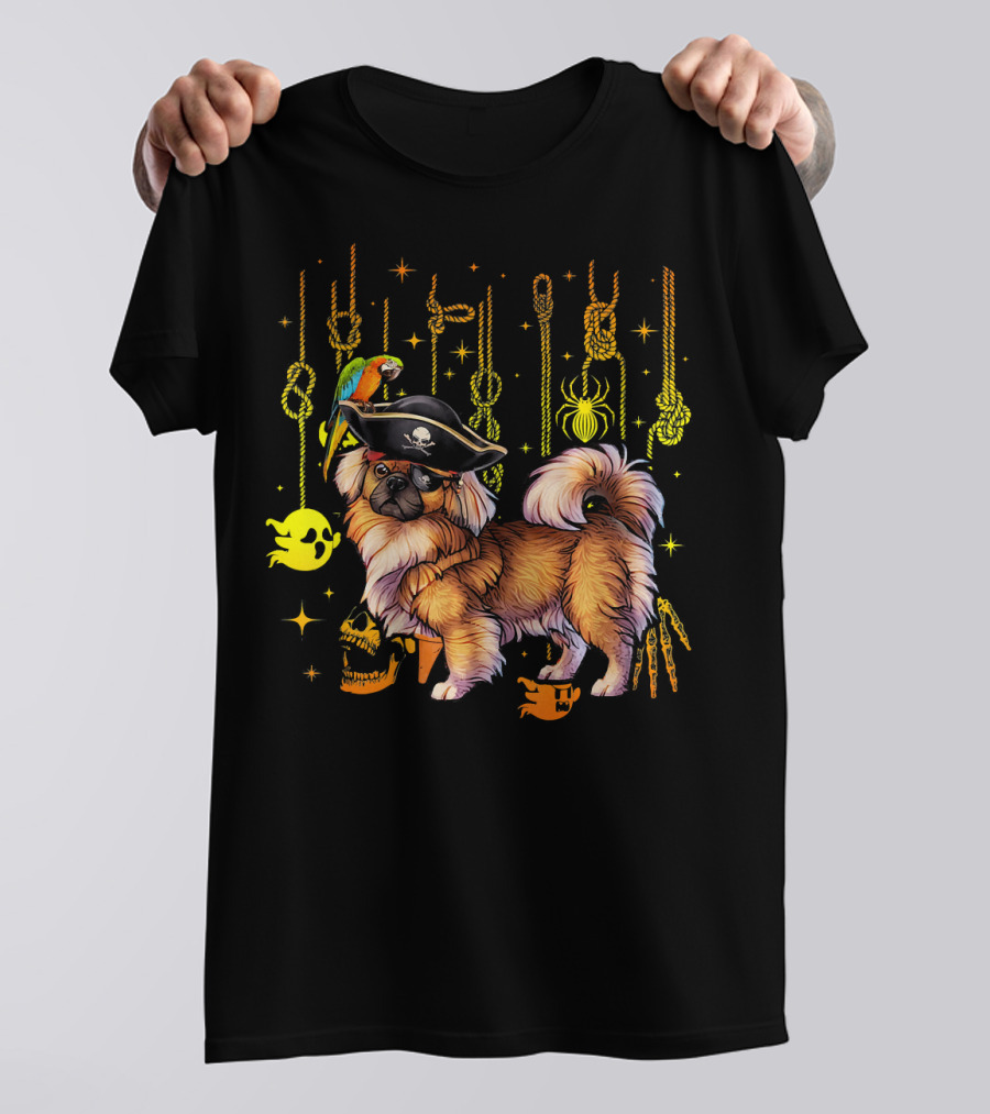 Pekingese Pirate Halloween Dog Lovers Co Ghost Parrot Skulls Spider Ropes T-Shirt