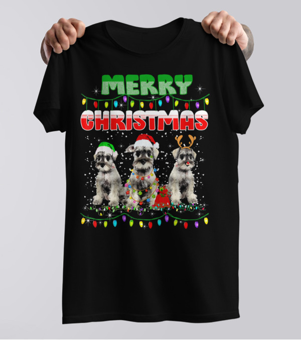 Merry Christmas Schnauzer Dogs Holiday Lights T-Shirt