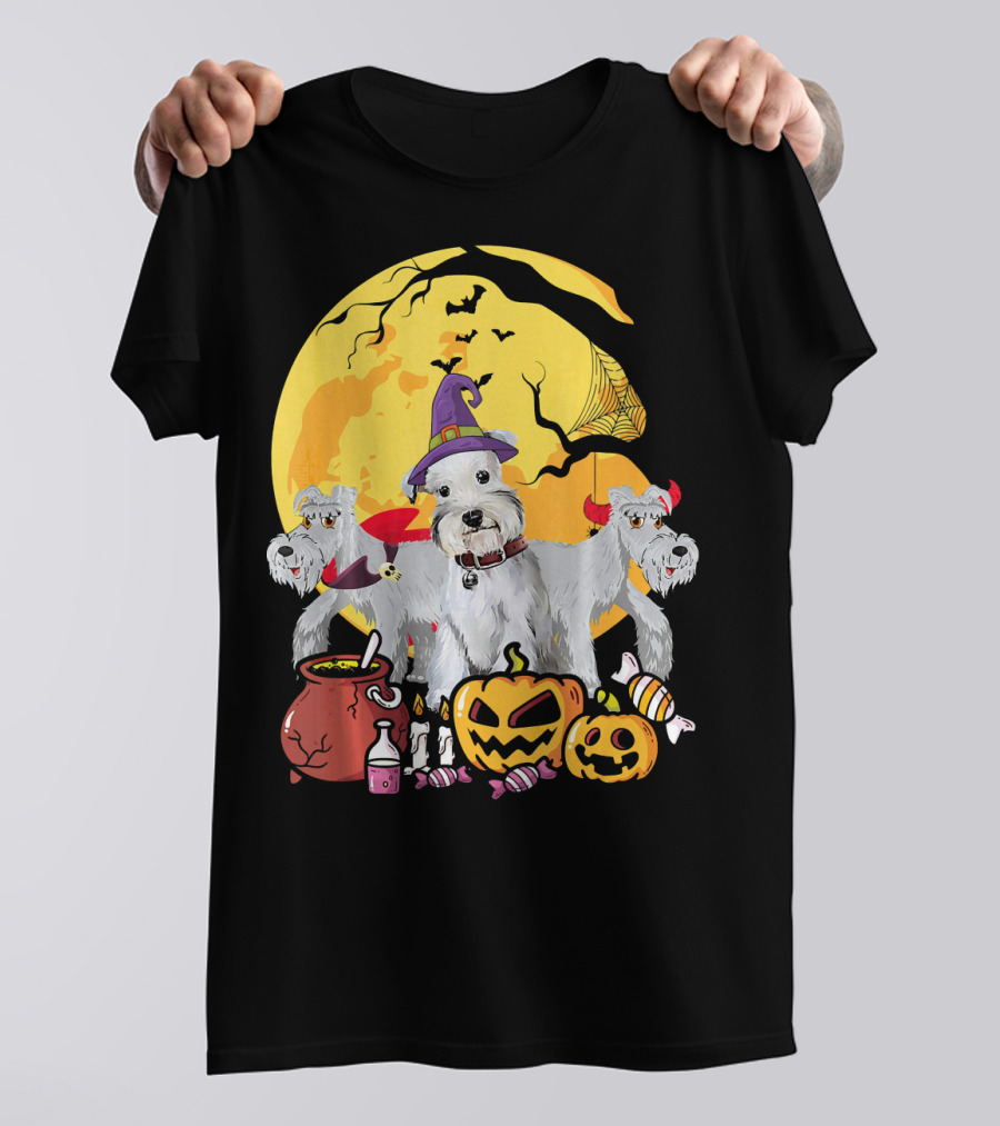 Schnauzer Dog Lover Witch Ghosts Halloween Moon Jack-O'-Lantern Candies Cauldron T-Shirt