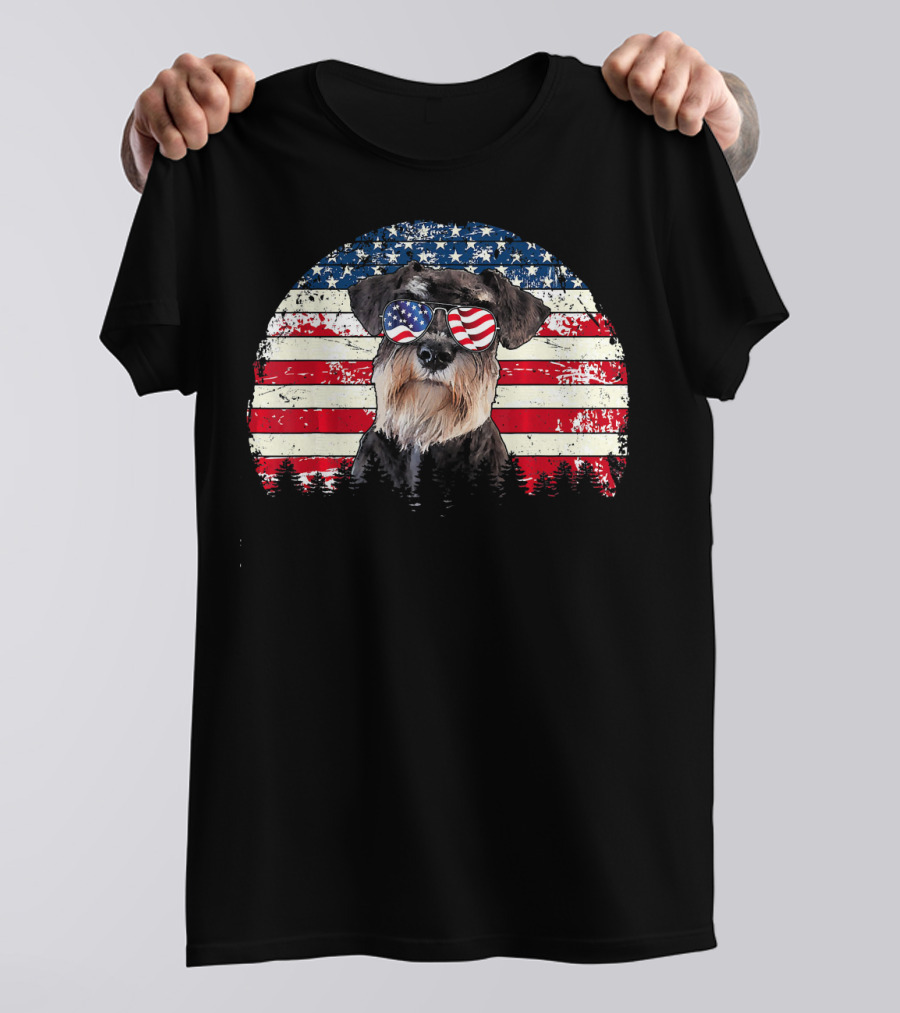 Schnauzer Dog Wearing American Flag Sunglasses Independence Day T-Shirt