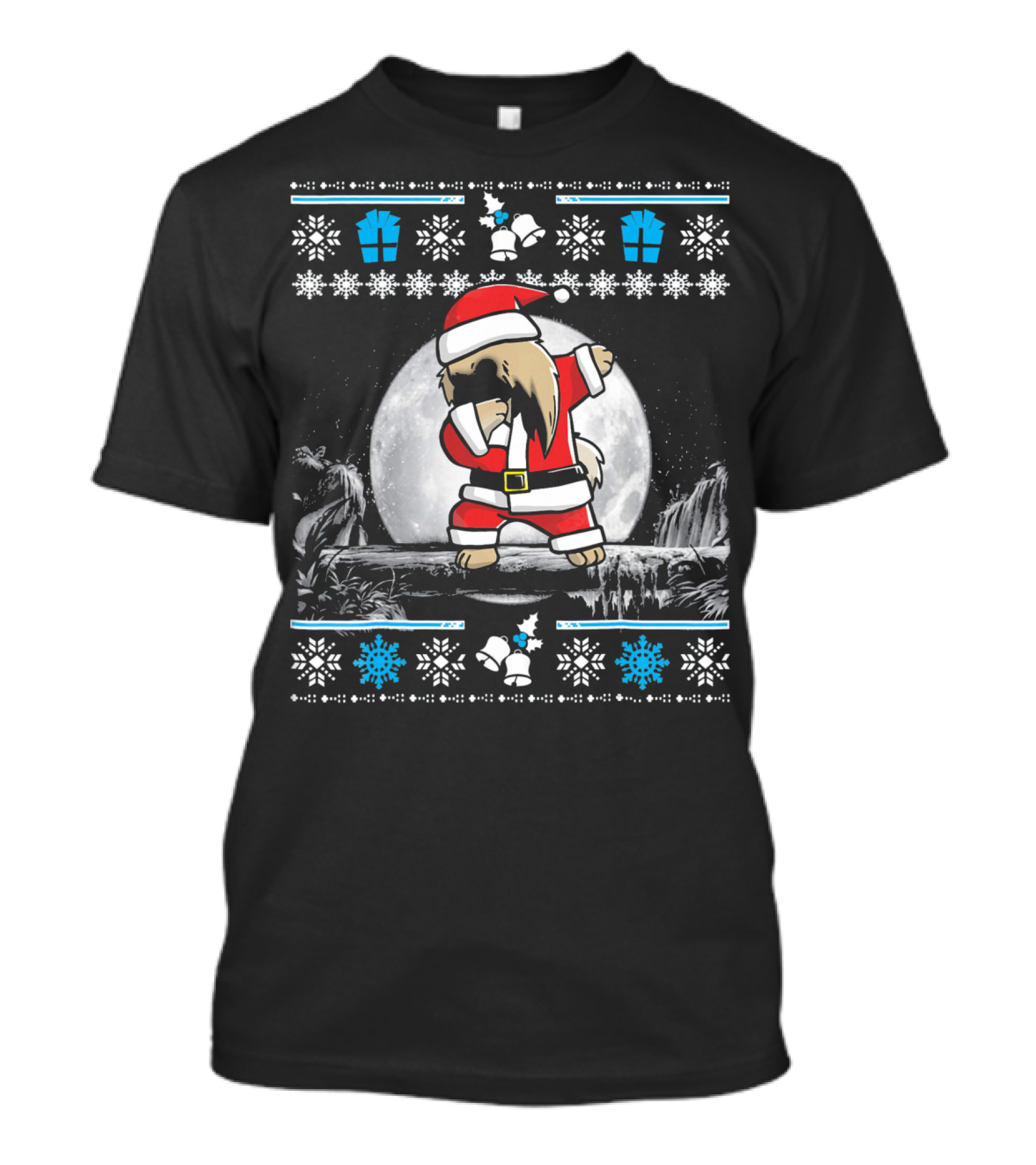 Pekingese Dog Dabbing In Santa Claus Outfit With Snowflakes And Presents T-Shirt