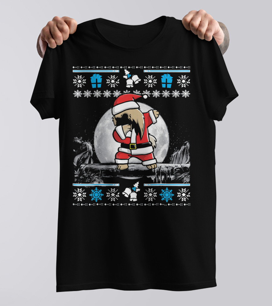Pekingese Dog Dabbing In Santa Claus Outfit With Snowflakes And Presents T-Shirt