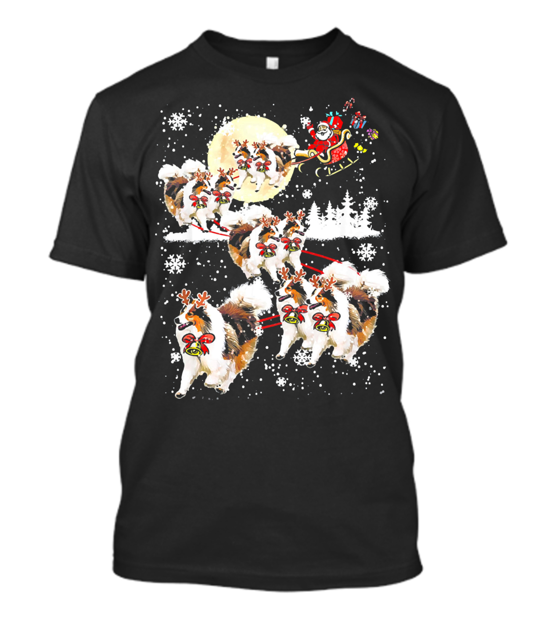 Sheltie Dog Santa Sleigh Snowflake Moon Reindeer Forest Christmas Scene T-Shirt