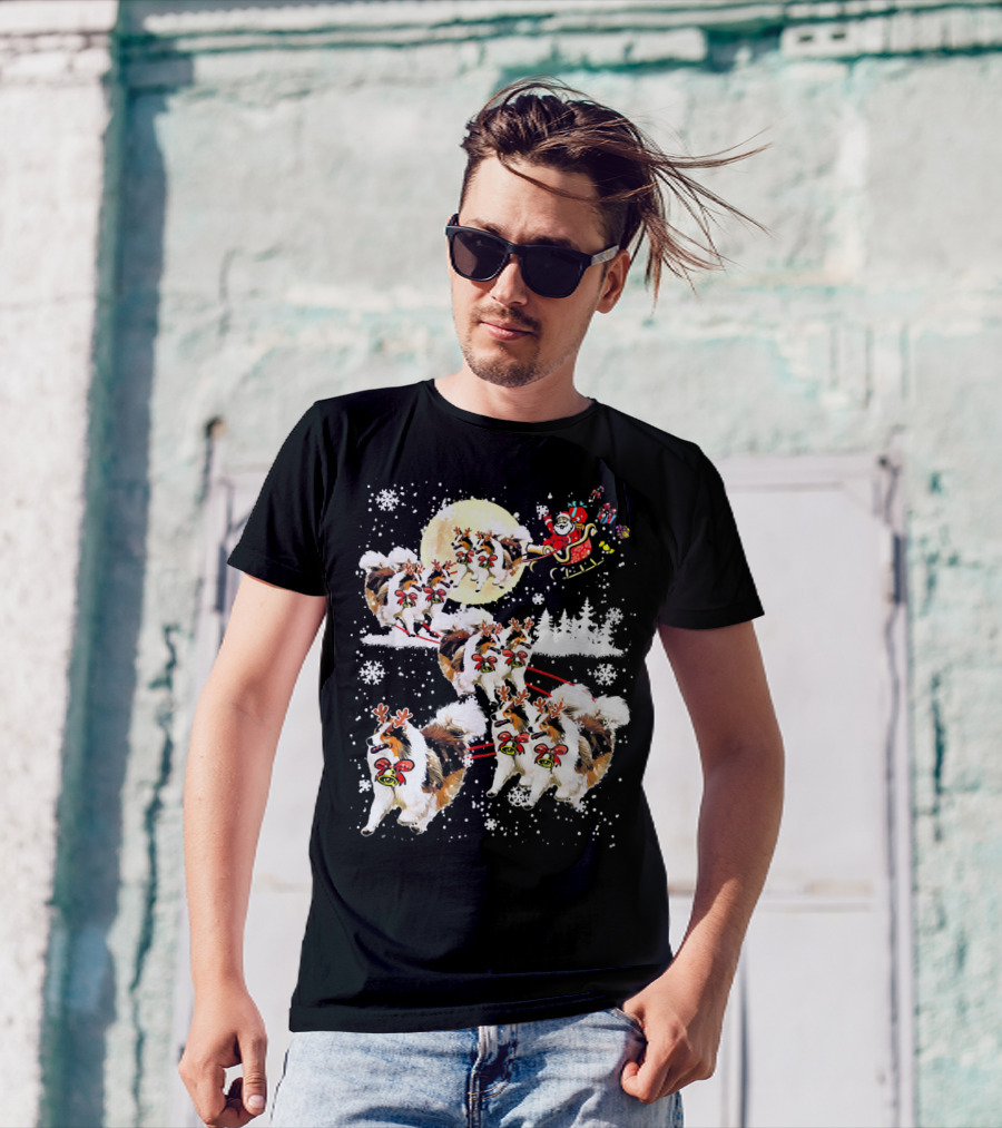 Sheltie Dog Santa Sleigh Snowflake Moon Reindeer Forest Christmas Scene T-Shirt