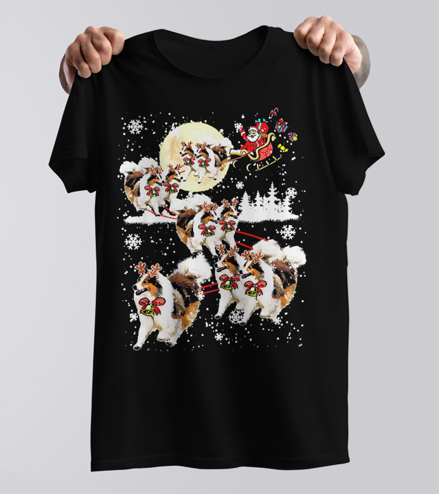 Sheltie Dog Santa Sleigh Snowflake Moon Reindeer Forest Christmas Scene T-Shirt