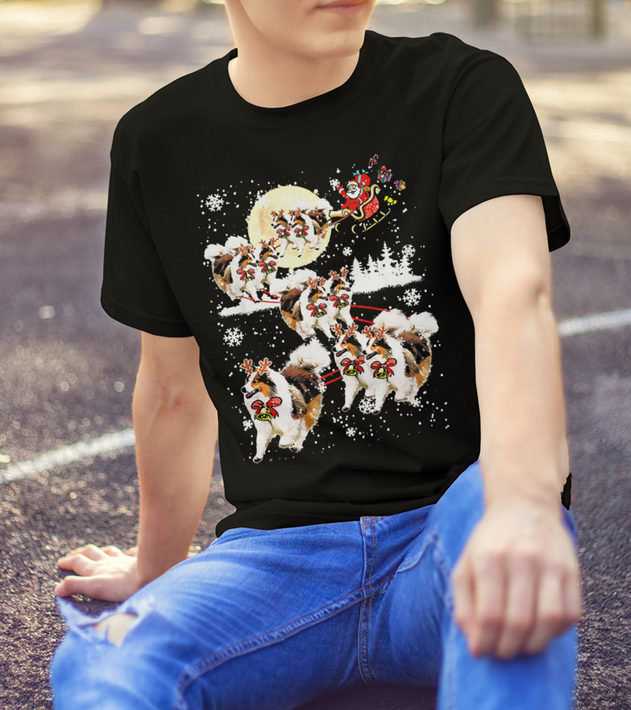 Sheltie Dog Santa Sleigh Snowflake Moon Reindeer Forest Christmas Scene T-Shirt