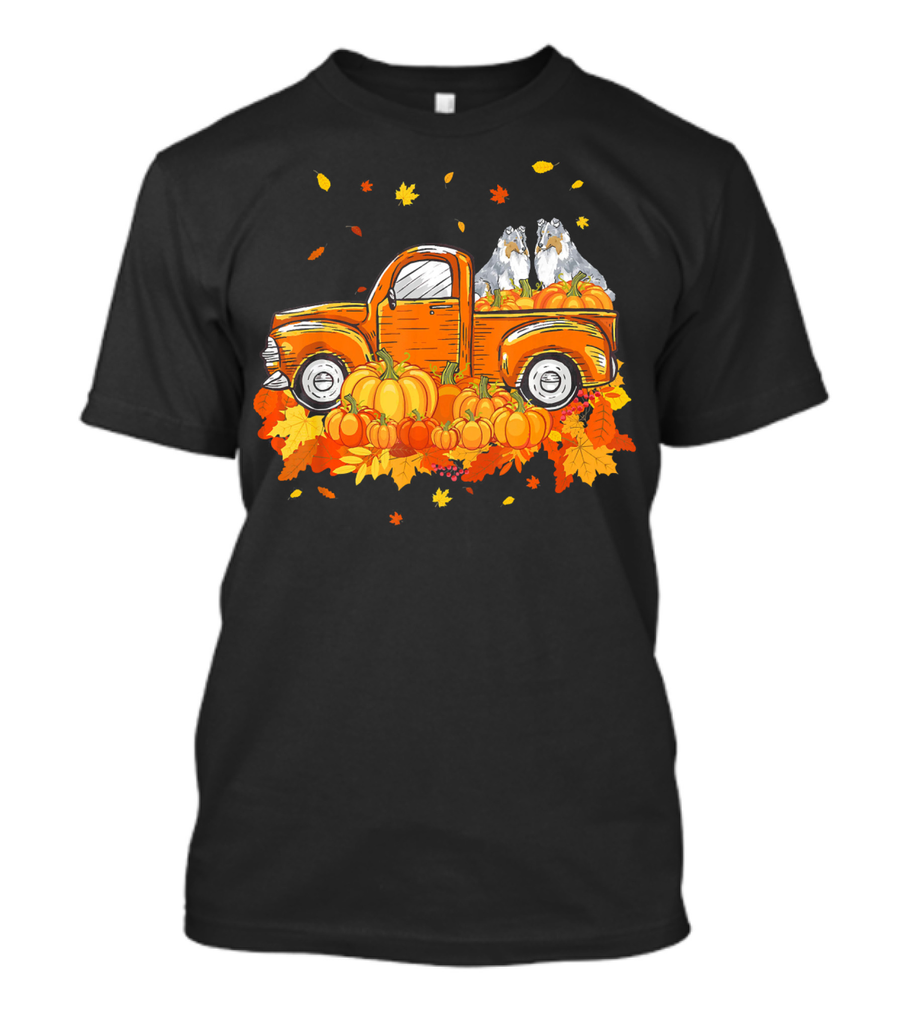 Sheltie Pumpkin Truck With Fall Leaves Halloween Scene T-Shirt