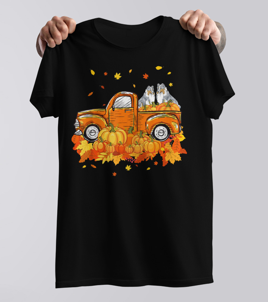 Sheltie Pumpkin Truck With Fall Leaves Halloween Scene T-Shirt