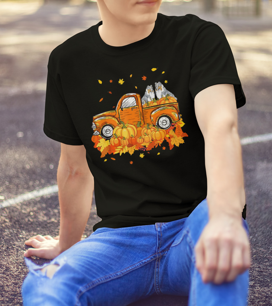 Sheltie Pumpkin Truck With Fall Leaves Halloween Scene T-Shirt