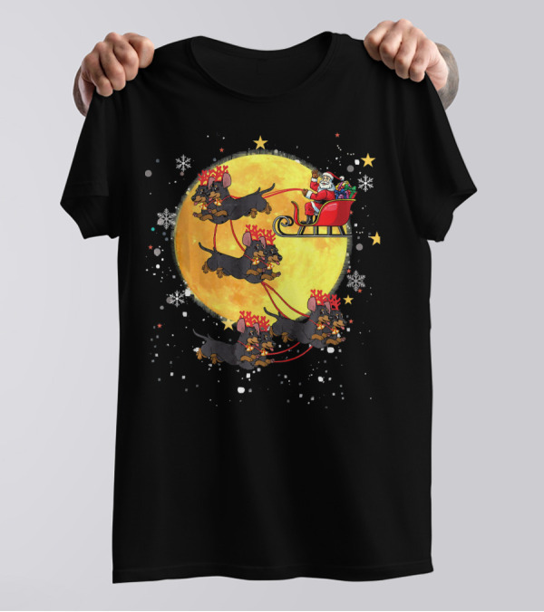 Schnauzer Reindeer Santa Sleigh Christmas Moon Snowflakes T-Shirt
