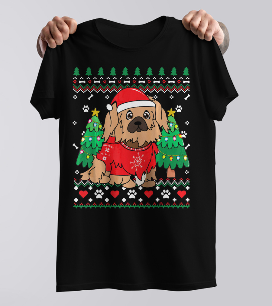 Pekingese Dog In Christmas Sweater With Ornament Tree And Festive T-Shirt