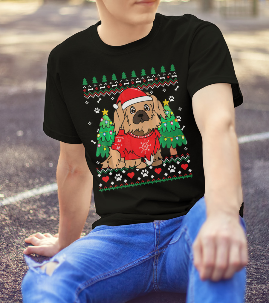 Pekingese Dog In Christmas Sweater With Ornament Tree And Festive T-Shirt