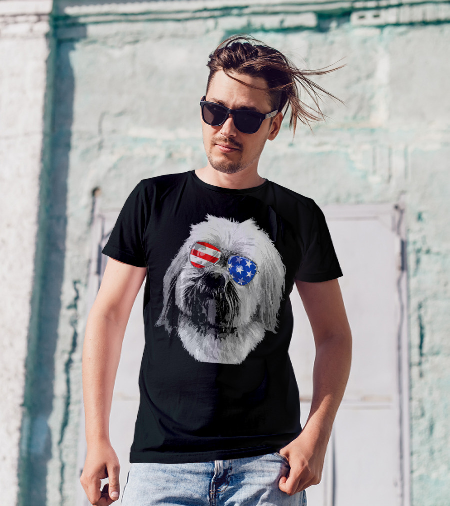 Vintage Lhasa Apso Dog With American Flag Sunglasses USA T-Shirt