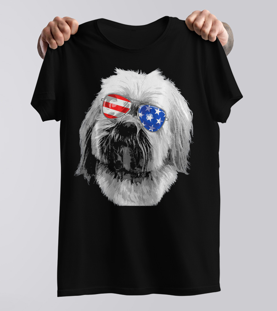 Vintage Lhasa Apso Dog With American Flag Sunglasses USA T-Shirt