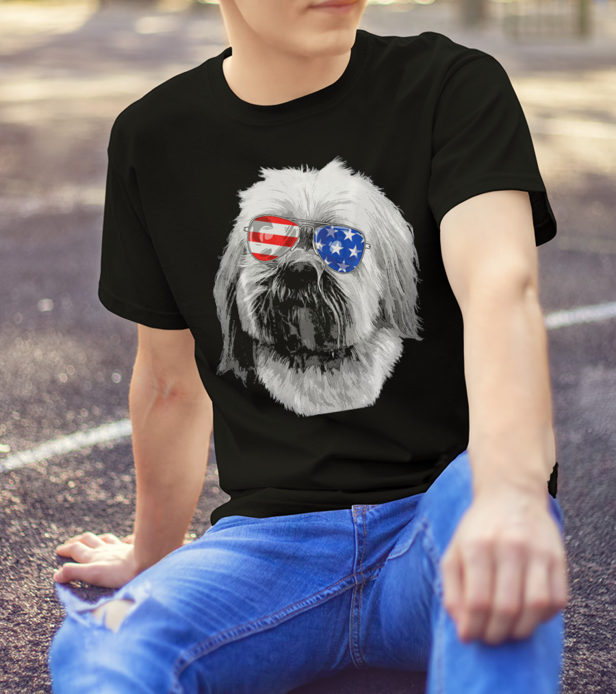 Vintage Lhasa Apso Dog With American Flag Sunglasses USA T-Shirt