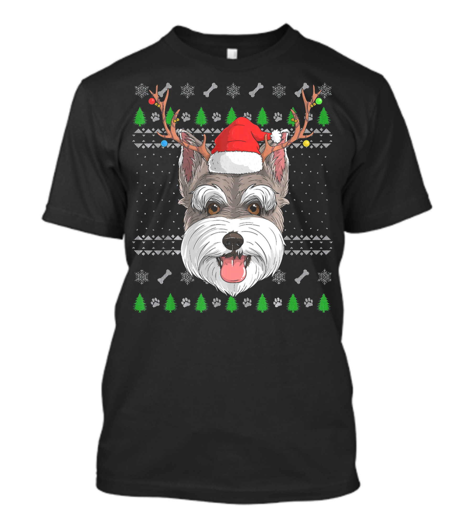 Schnauzer Reindeer Antlers Christmas Santa Hat Dog Paw Trees Snowflakes T-Shirt