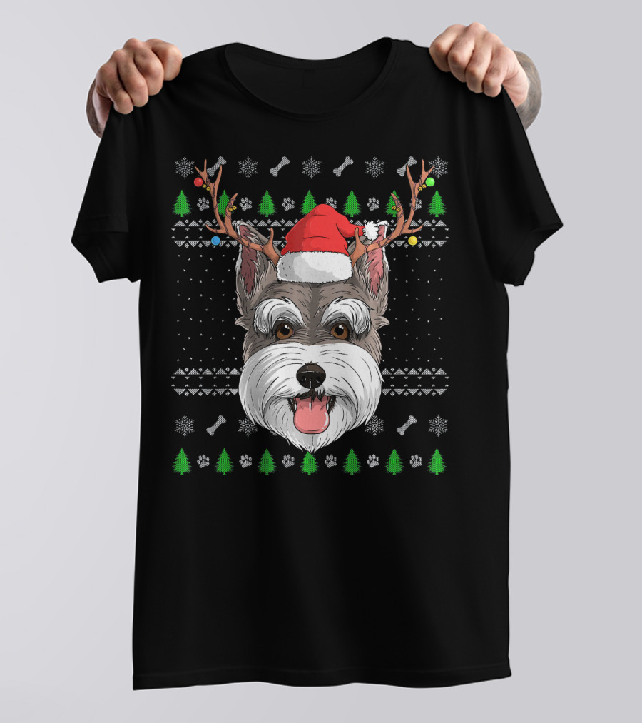 Schnauzer Reindeer Antlers Christmas Santa Hat Dog Paw Trees Snowflakes T-Shirt